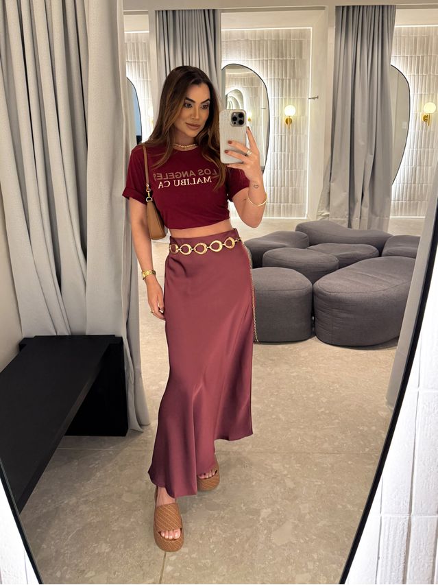 Saia Midi Cetim Lauane Cereja