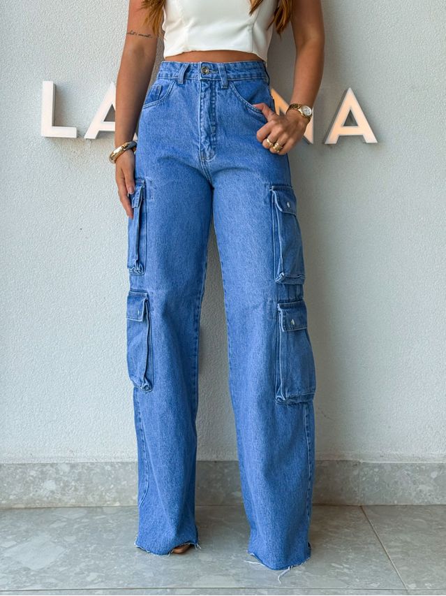 Calça Cargo Jeans Escura Ariana 