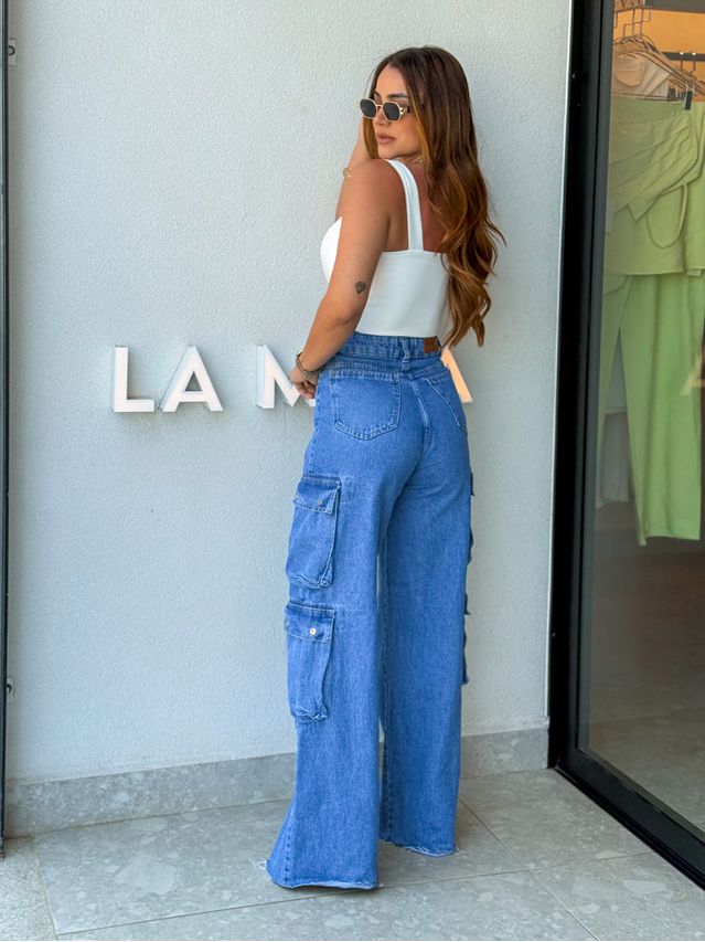 Calça Cargo Jeans Escura Ariana 