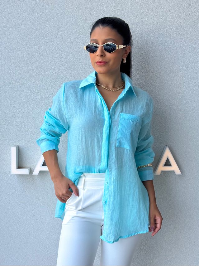 Camisa Viscolinho Aline Azul Piscina