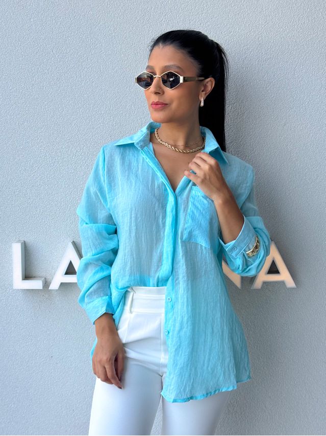 Camisa Viscolinho Aline Azul Piscina