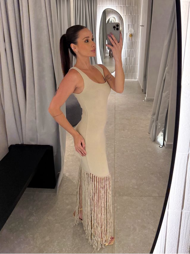 Vestido Tricot Franja Flávia Areia