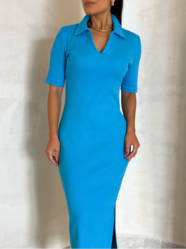 Vestido Canelado Gola Polo Tais Azul
