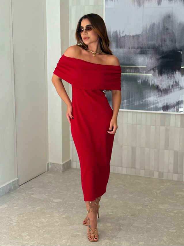 Vestido Canelado Ombro a Ombro Mariah Vermelho