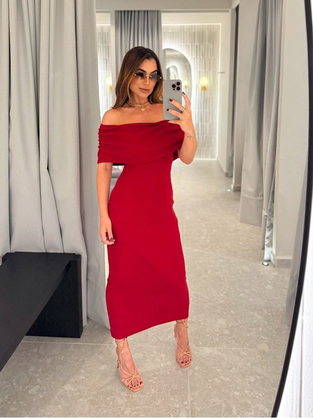 Vestido Canelado Ombro a Ombro Mariah Vermelho