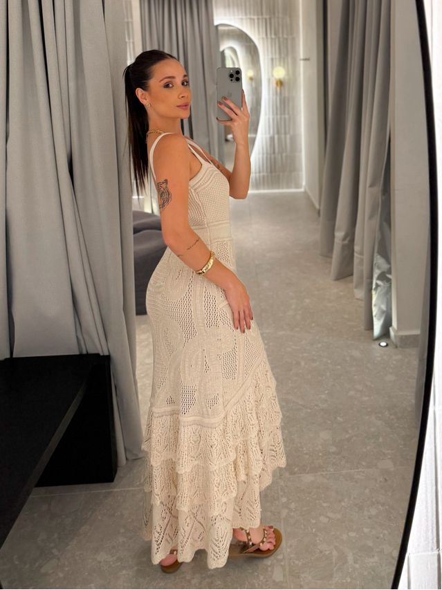 Vestido Tricot Rendado Daya Areia