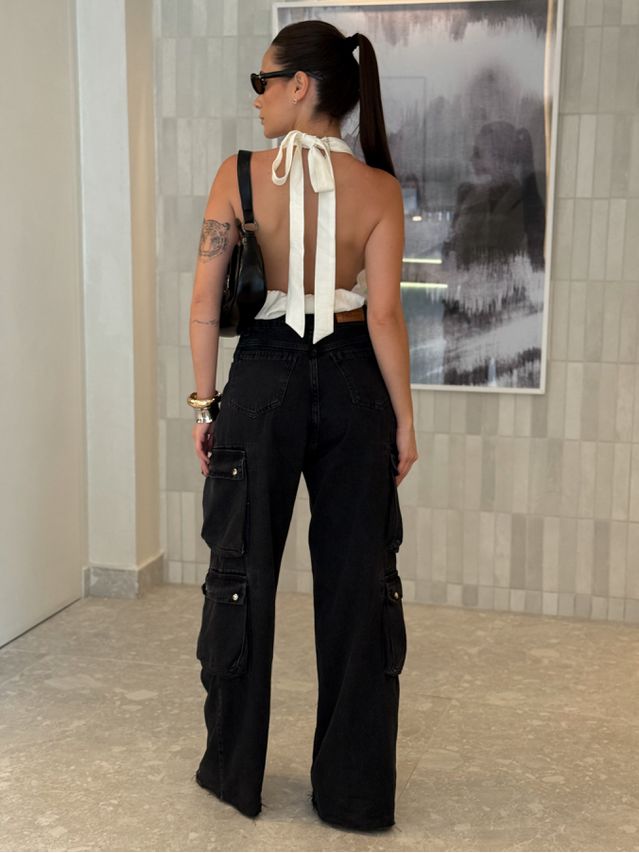 Calça Cargo Jeans Black Ariana 