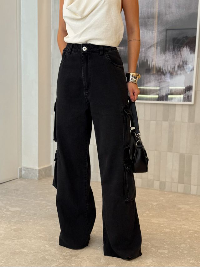 Calça Cargo Jeans Black Ariana 