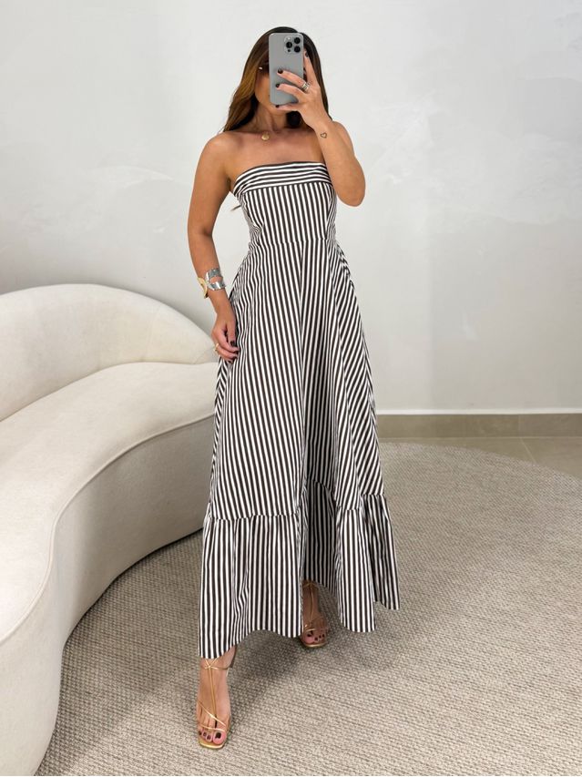 Vestido Listrado Tomara que Caia Alanis Café