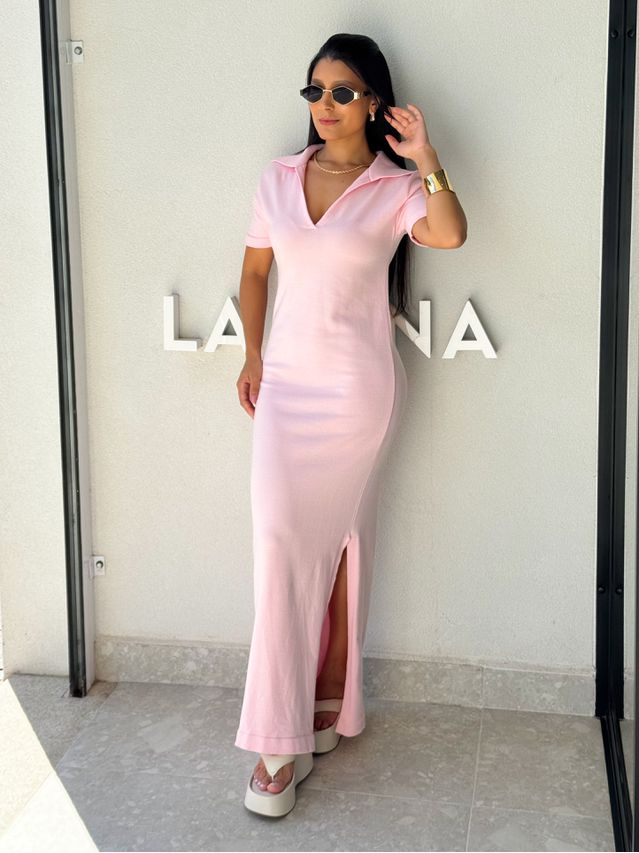 Vestido Tricot Gola Polo Aurora Rosa