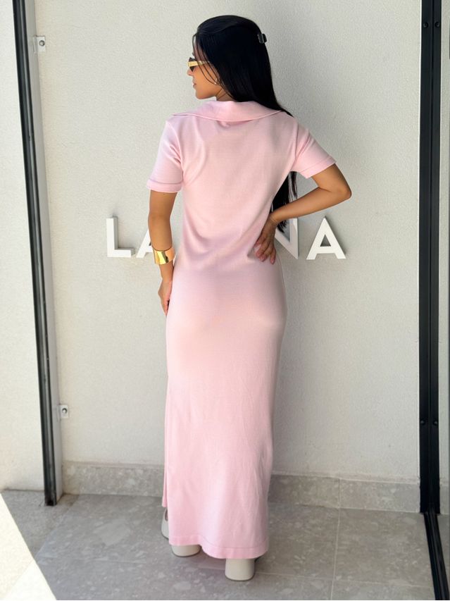 Vestido Tricot Gola Polo Aurora Rosa