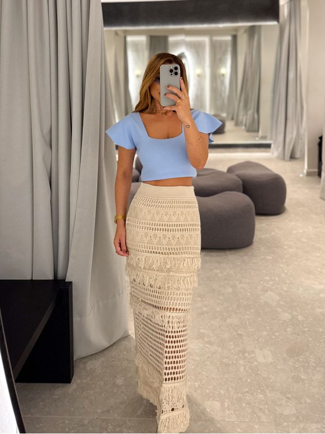 Saia Midi Tricot Rendada Areia