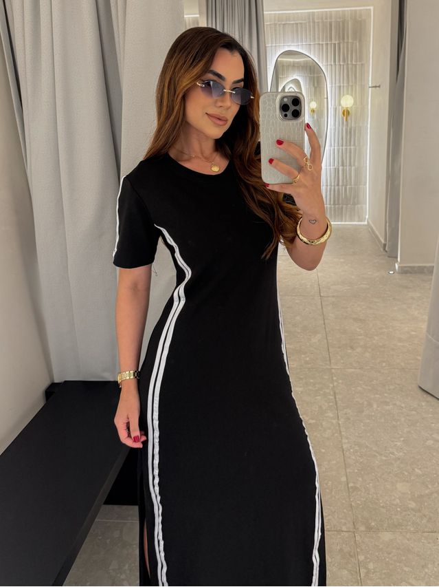 Vestido Manguinha Listra Preto