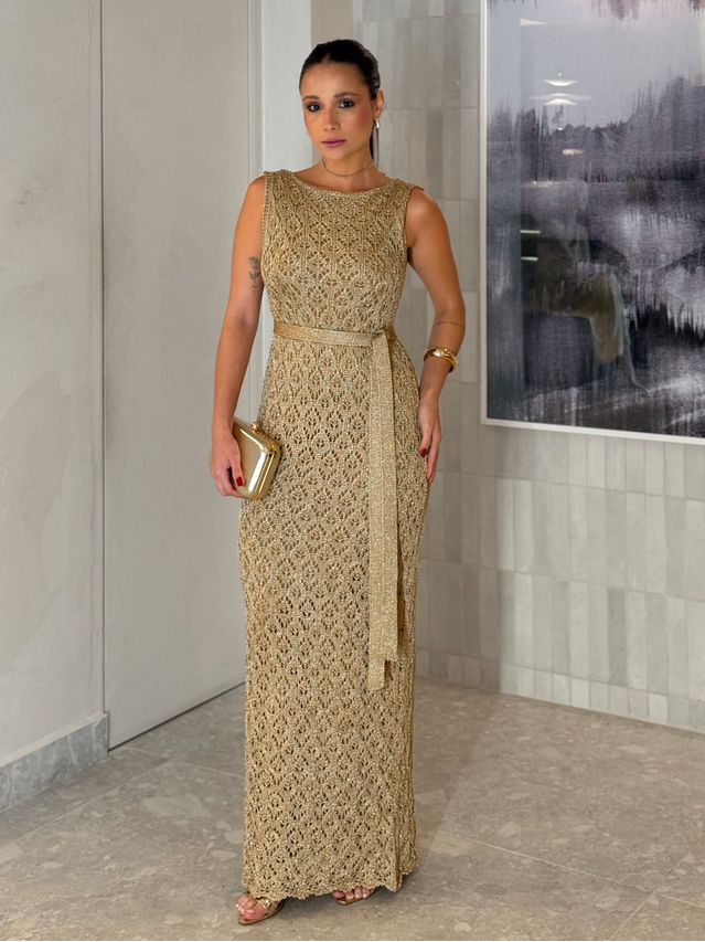 Vestido Tricot Rendado Lurex Dourado