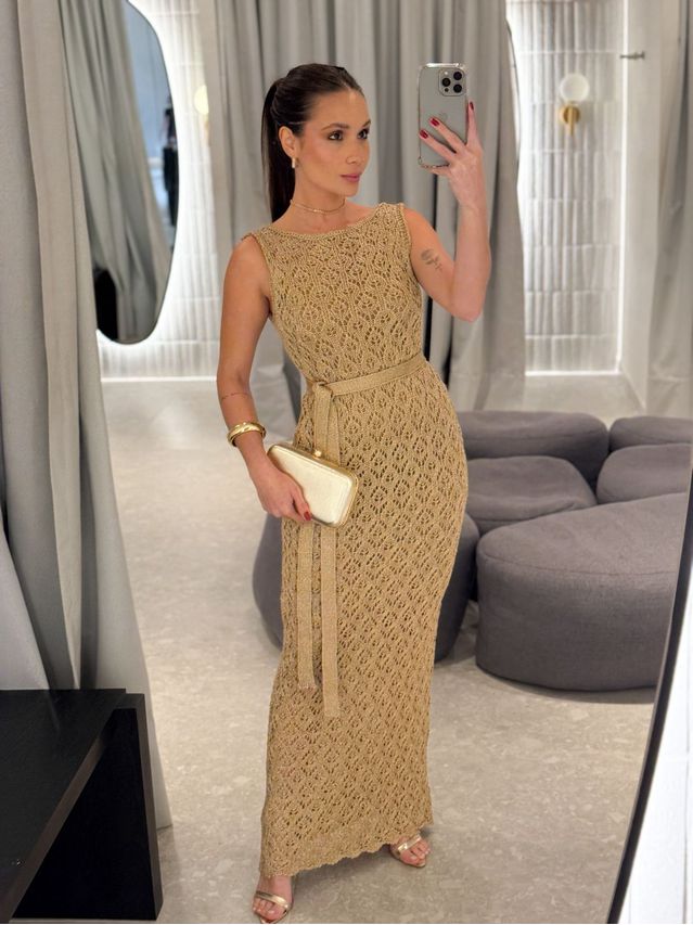 Vestido Tricot Rendado Lurex Dourado