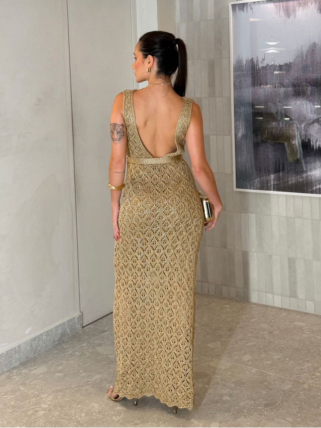 Vestido Tricot Rendado Lurex Dourado
