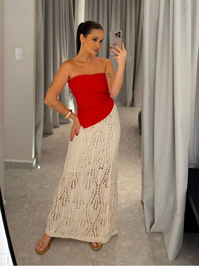 Saia Midi Crochê Areia