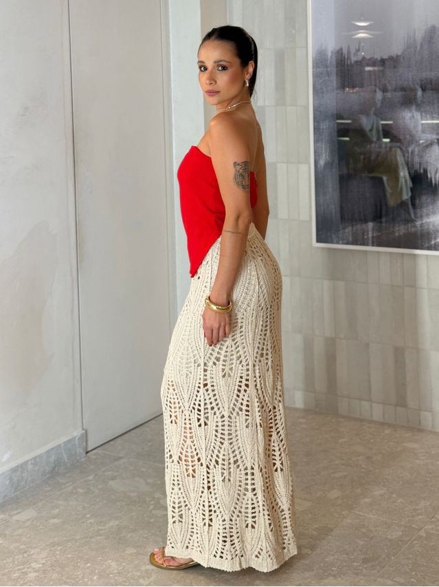 Saia Midi Crochê Areia