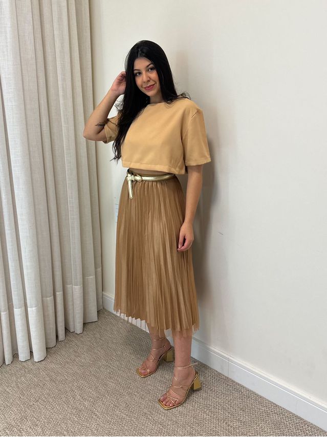 Saia Midi Tule Plissada Marrom