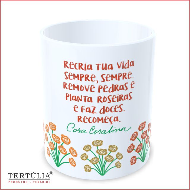 Caneca Oficial Cora Coralina - Flores - Branca