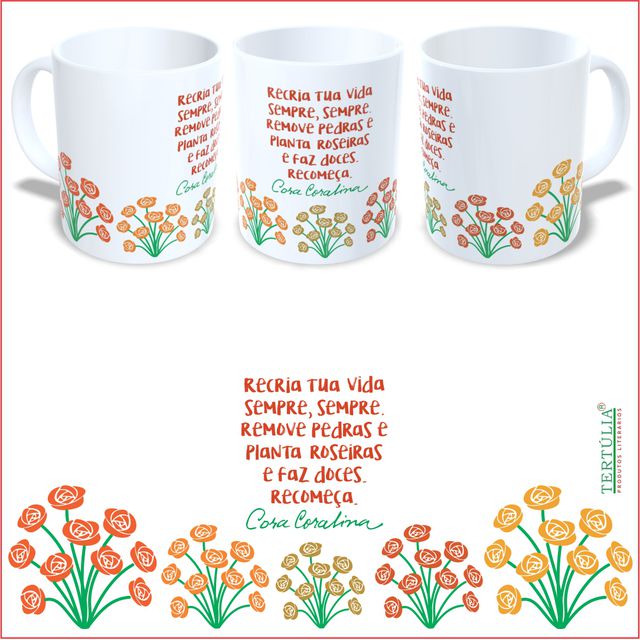 Caneca Oficial Cora Coralina - Flores - Branca