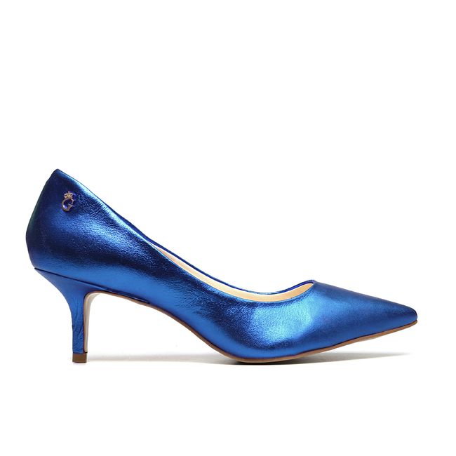 Sapato Scarpin Baixo Couro Azul Cristal