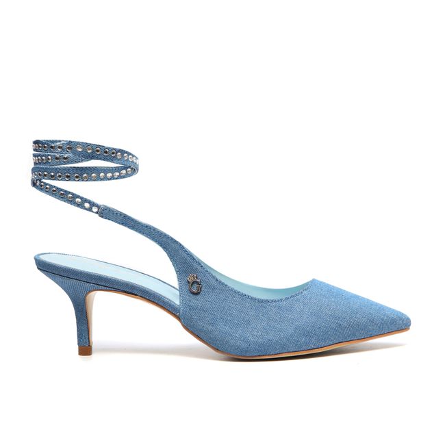 Sapato Slingback Amarração Kitten Heel Jeans Azul