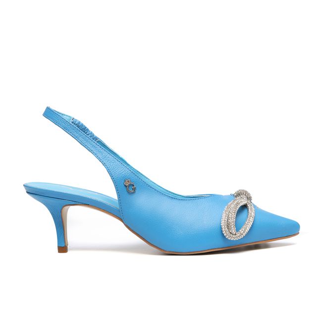 Sapato Slingback Kitten Heel Azul Laço Cristais