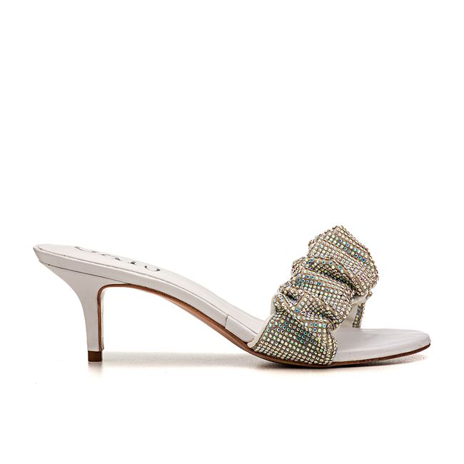 Sandália Mule Salto Baixo Laço Rebeca Strass Branco