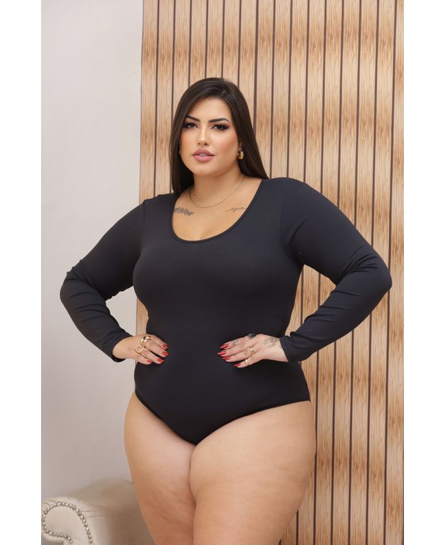 Body Canelado Manga Longa Preto