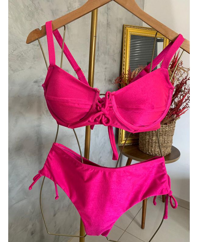 Biquini Meia Taça Caribe Rosa Choque fio duplo regulagem