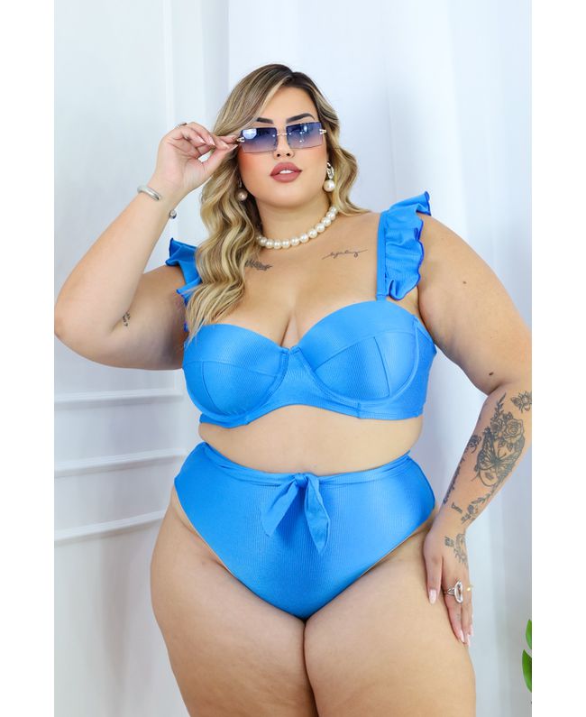 Biquíni Plus Size Alça Removível Azul fio duplo com laço