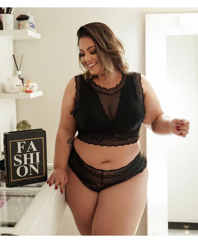 Conjunto Plus size Premium Cropped De Renda Preto ... - JOYCE PRADO