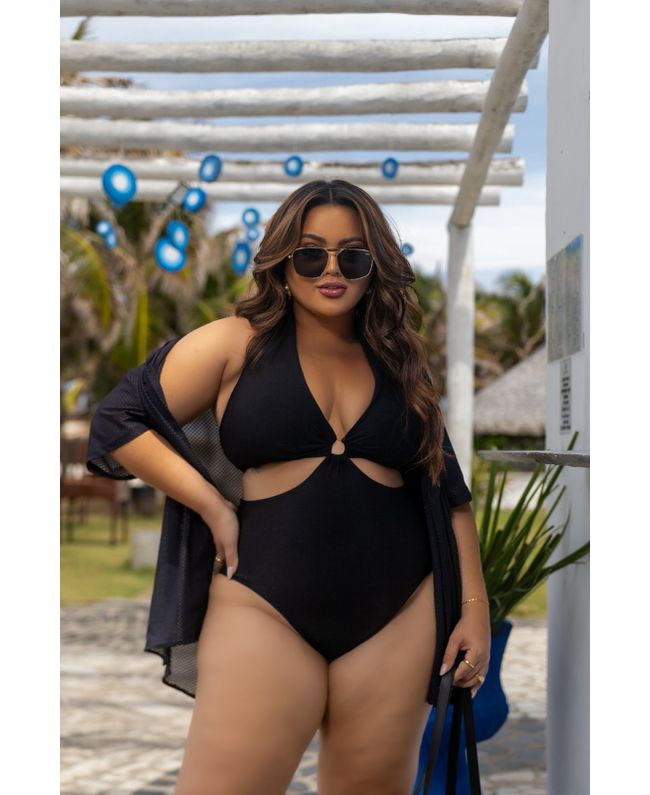 Maiô Plus Size Recortes Fio Duplo Preto