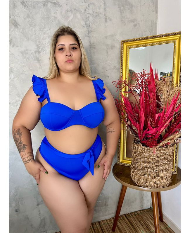 Biquíni Plus Size Alça Removível Azul com calcinha laço