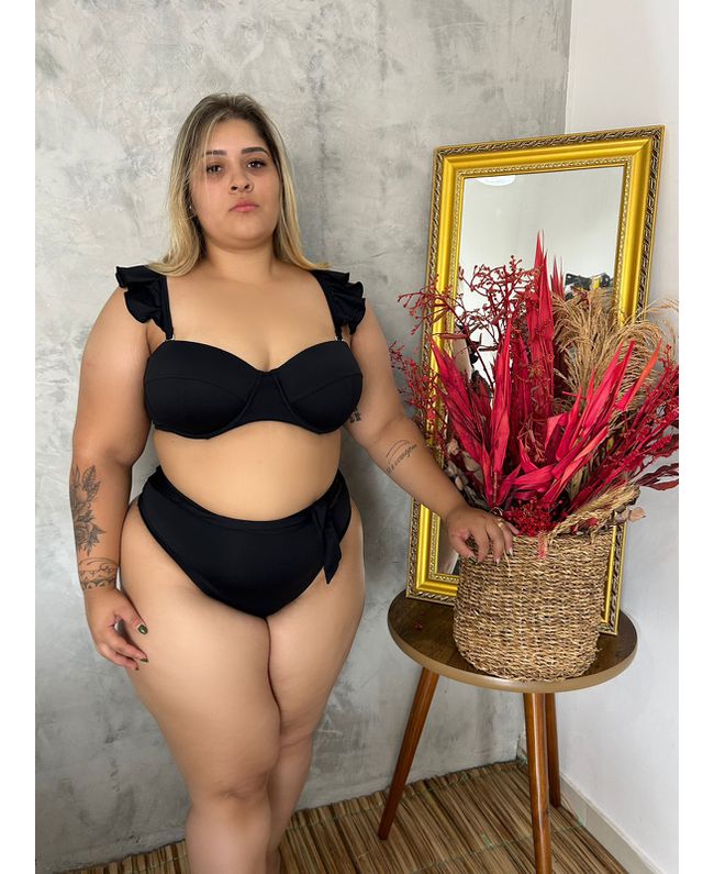 Biquíni Plus Size Alça Removível Preto com calcinha laço