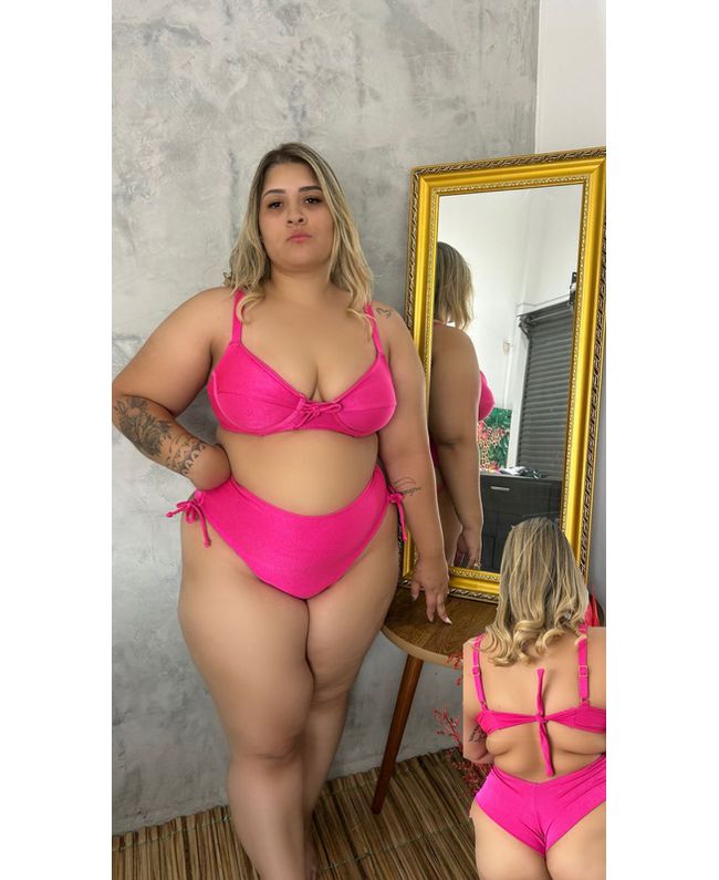 Biquini Meia Taça Caribe Rosa Choque fio duplo regulagem