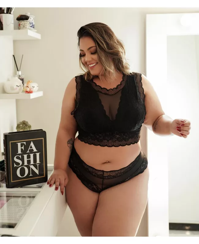 Conjunto Plus size Premium Cropped De Renda Preto ... - JOYCE PRADO