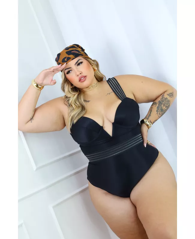 Maiô Plus Size Anita Aro V Preto com elástico Cactus