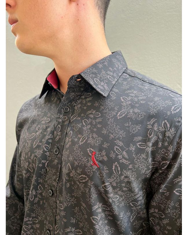 CAMISA MASCULINA SOCIAL SLIM FIT PRETA FLORAL