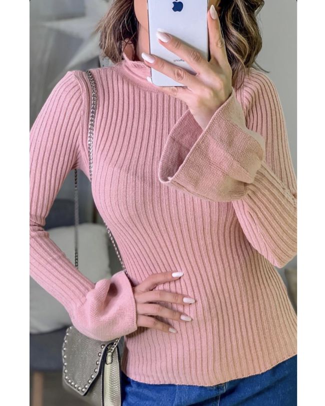 Blusa Feminina Rosa Manga Longa Tricot Canelado