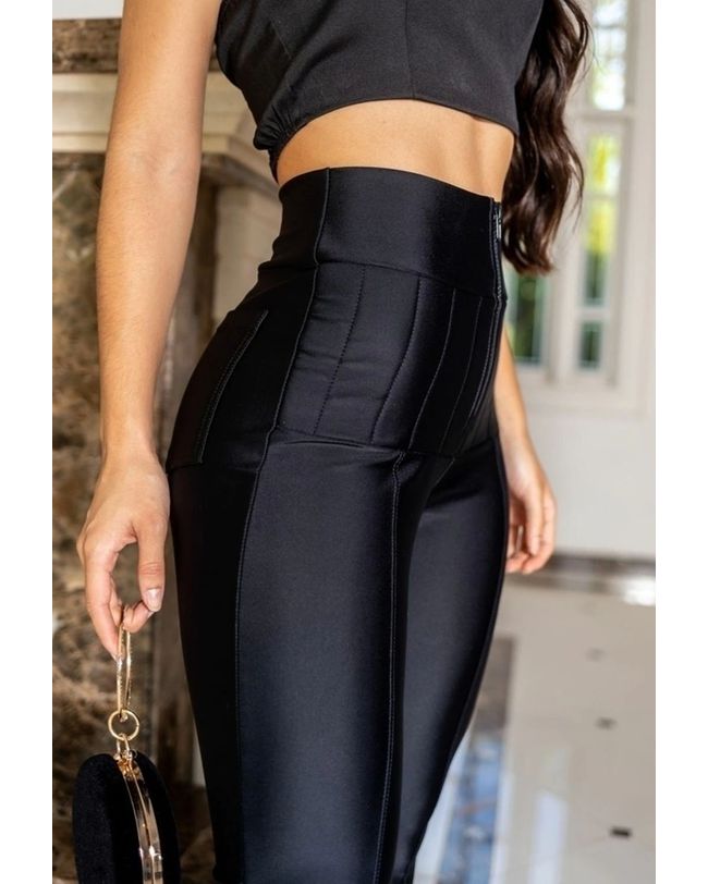Calça Lipo Tecido Prada Preta Cintura Alta