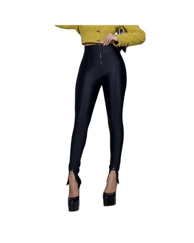 Calça Tecido Prada Preta Cintura Alta Cós Anatomico