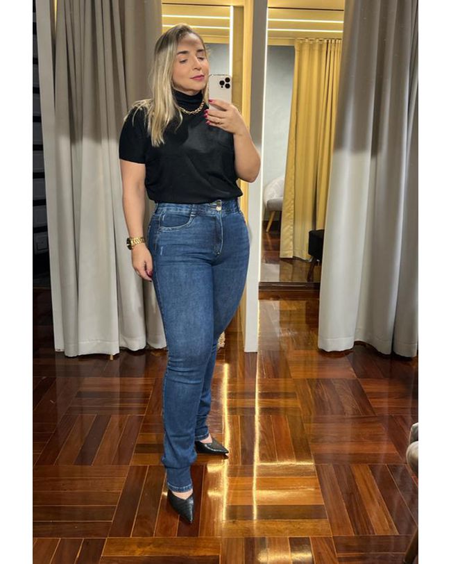 Calça Loopper Feminina Jeans Escura Tradicional Perna Reta