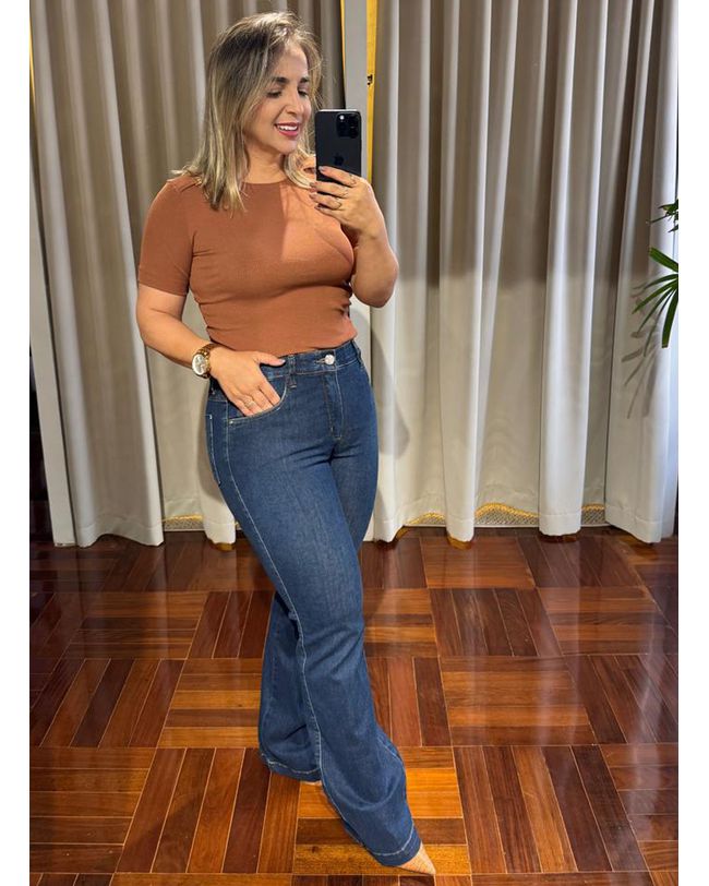 Calça Loopper Feminina Flare Jeans Escura Cintura Alta