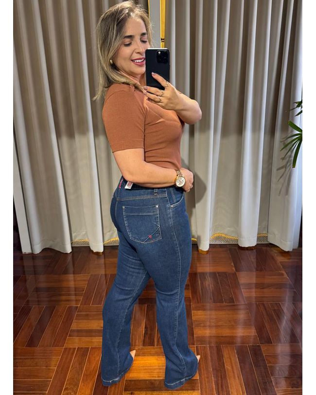 Calça Loopper Feminina Flare Jeans Escura Cintura Alta