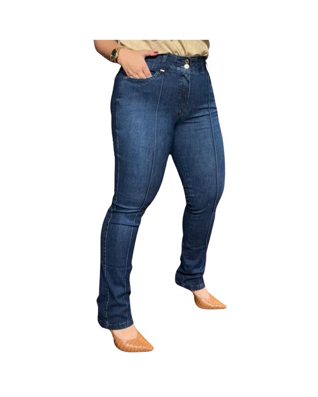 Calça Loopper Jeans Escuro Feminina Capri Friso Frontal