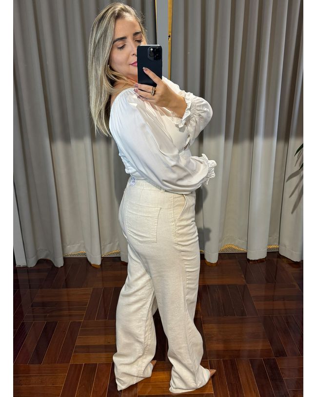 Calça Feminina Wideleg Linho Bege Loopper