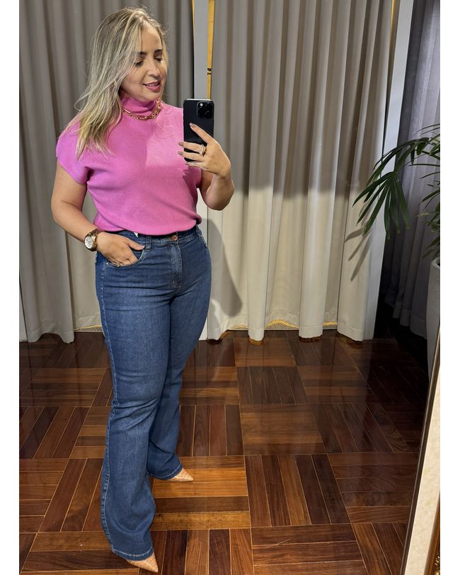 Calça Loopper Feminina Flare Jeans Escura Cintura Alta