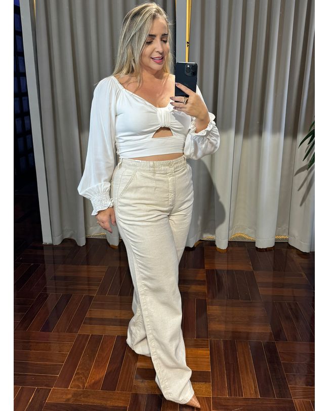 Calça Feminina Wideleg Linho Bege Loopper